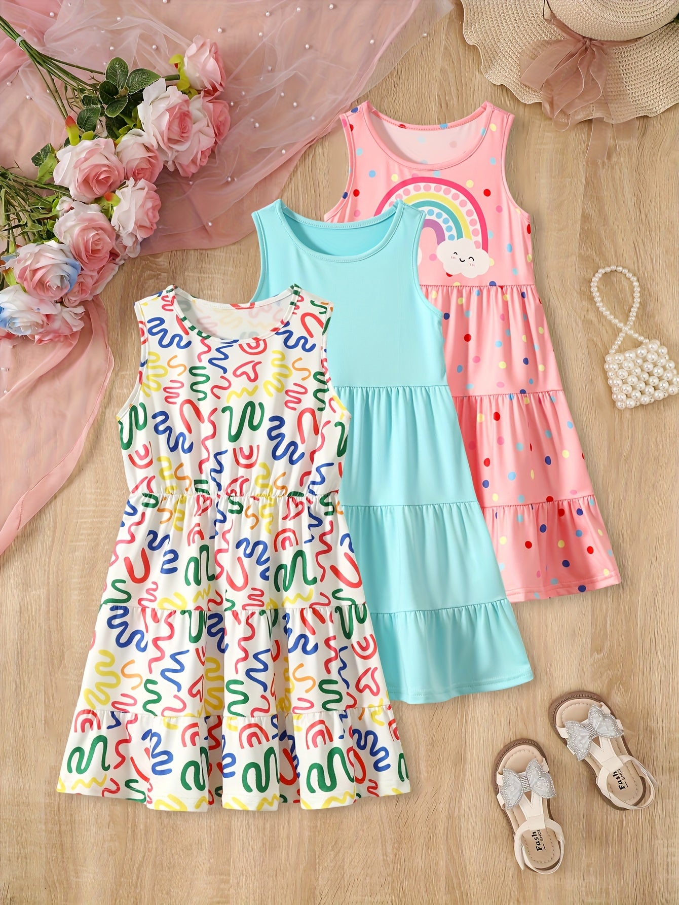 3pcs Summer Girls 8 Years Sleeveless Dress Holiday Gift Party Teenage Dresses Children Casual Dressy Pop Girls Dress 10 Years Chic Peplum Casual Skirt Sleeveless Suspenders