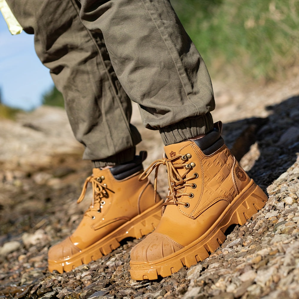 Men'S 6" Steel Toe Work Boots For Men-Faux Leather Shoes With Slip-Resistant Outsole, Lightweight Construction Boots Tenis Zapatos De Trabajo Para Hombre Steel Toe Shoes, Black, Brown, Wheat, US Size 6-14