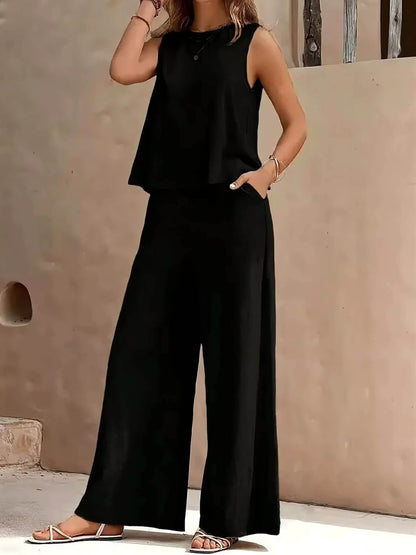 Women 2pcs Lounge Set, Crew Neck Sleeveless Tank Top Wide Leg Pants, Summer Casual Outfit for Daily, Travel Or Party