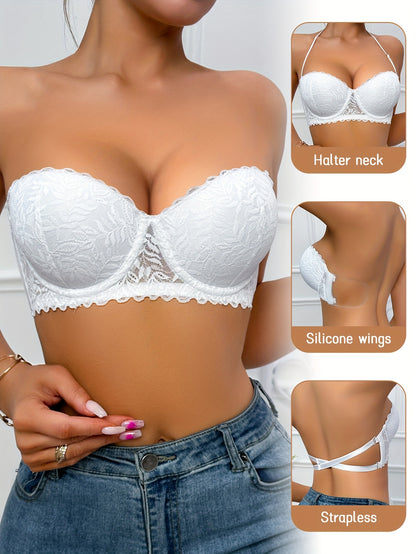 Summer Women's Sexy Lace Half-Cup Shoulderless Bra - Back Support, Back Cross Straps Create Beautiful Back Lines, Silicone Invisible Bra, Non-detachable Cups - Shipped From Local Warehouse