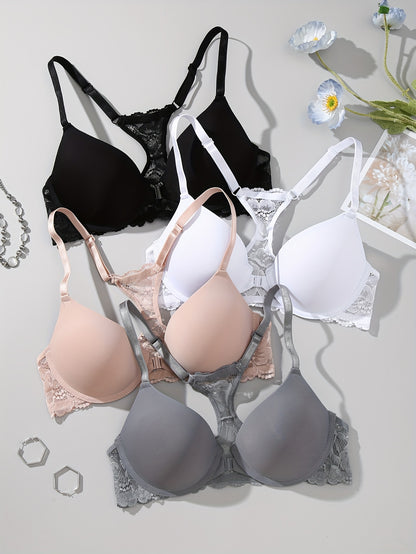 [Lace Underwear Bra] 4pcs Front-Placed Lace Underwear Women's Upper Support Sexy Back Comfortable Bra