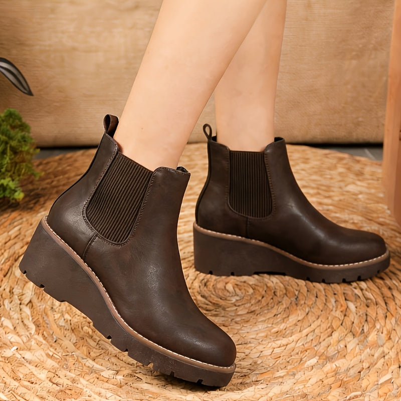 [Wedge Ankle Booties] Athlefit Women's Chelsea Wedge Boots Elastic Platform Lug Sole Slip on Wedge Ankle Booties, Women Shoes