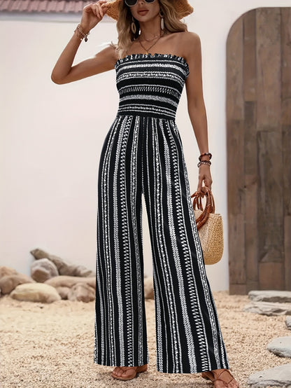Women's Strapless Striped Jumpsuit, Black White Smocked Tube Top Wide Leg Jumpsuit, Casual Loose Summer Romper for Vacation & Daily Wear