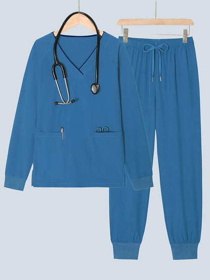 2pcs Women's V-Neck Matte Suit with Long Sleeve Stretch S Uniform Work Clothes Washable Pockets Breathable Elastic Top And Waist Cord Pocket Pants Set