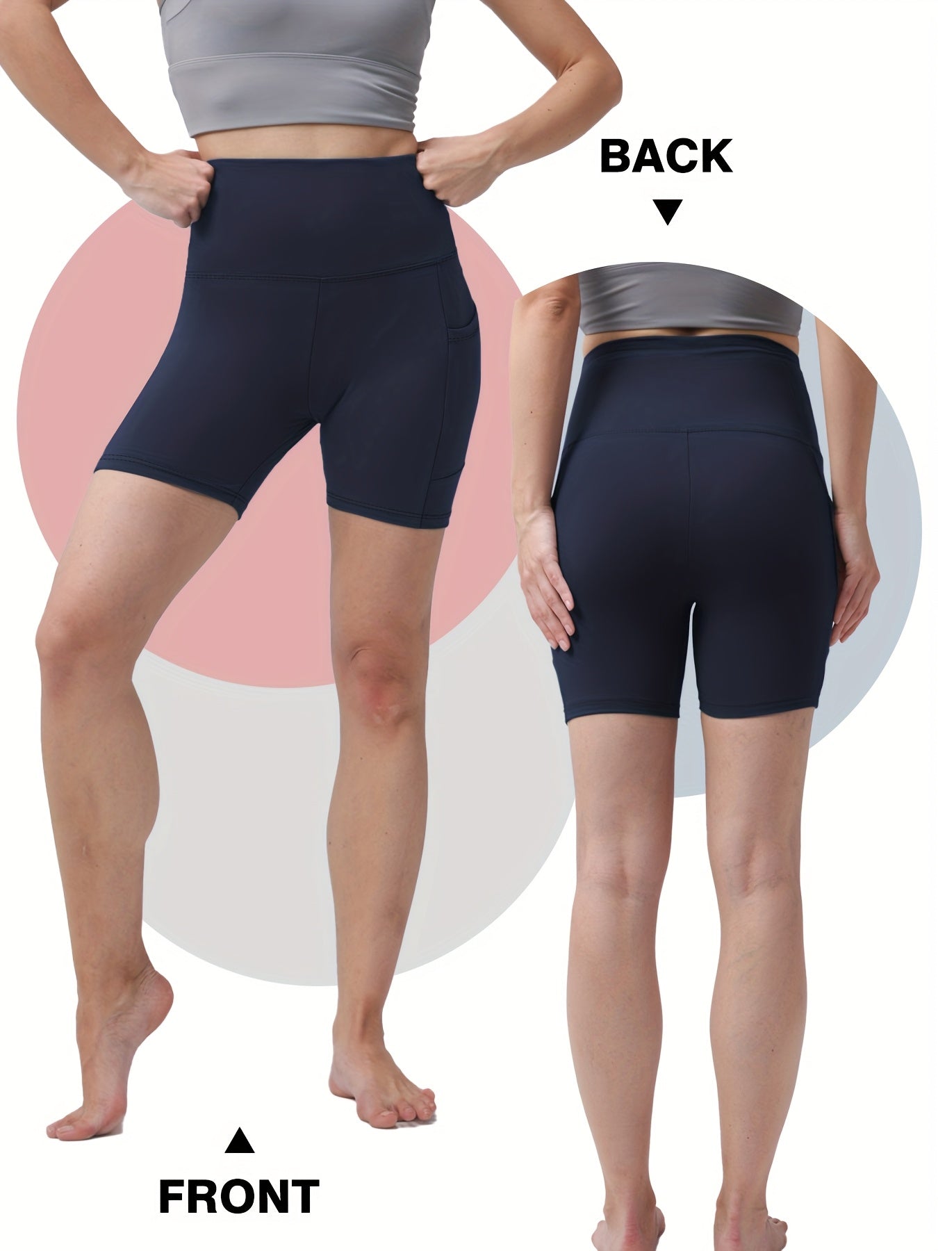 1pc Women's High-Waisted Yoga Shorts with Tummy Control & Pockets - Breathable Workout Gym Shorts, Tight-Fitting Low-Rise Athletic Pants for Summer, Gymnastics, Training (Black/Grey/Navy/Pink/ Brown) - Non-See-Through Quick-Dry