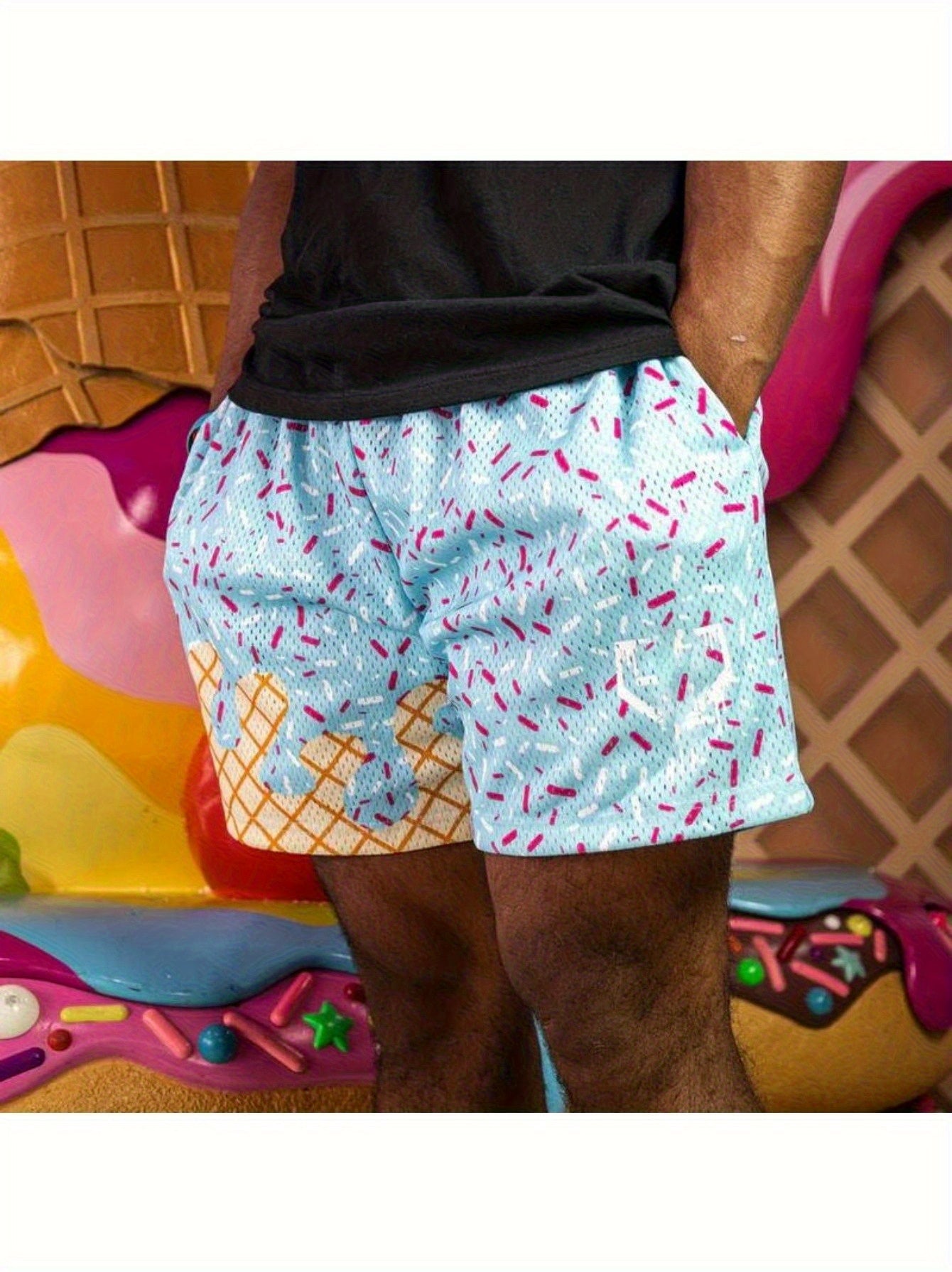 Youth Ice Cream Breathable Mesh Athletic Shorts with Elastic Waistband, Lightweight Summer Gym Shorts