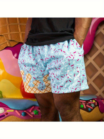 Youth Ice Cream Breathable Mesh Athletic Shorts with Elastic Waistband, Lightweight Summer Gym Shorts