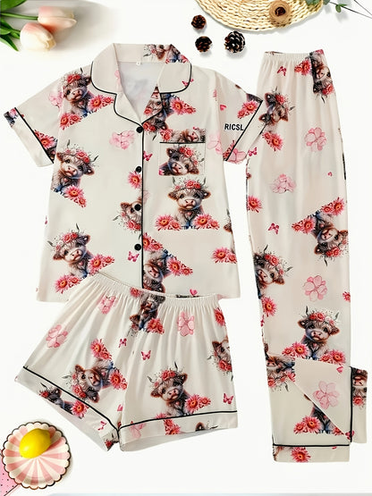 [3pcs Women's Pajama Set] 3pcs Casual Women's Pajama Set | Features A Lapel Collar, Short-sleeved Top with Button Closure, Paired with Shorts And Long Pants, Adorned with Floral And Cow Patterns. Comfortable Loungewear Suitable for All Seasons