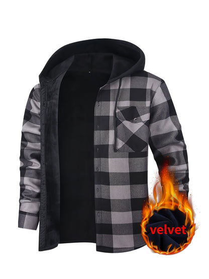 Men's Hooded Heavy Winter Jacket - Plaid Shirt Jacket, Plaid Workwear, Long Sleeves with Pockets, Hand Washable, Suitable for Logging, Activities - Cold Weather Casual Wear, Men's Winter Outerwear, Men's Jacket, Halloween/Christmas Costume