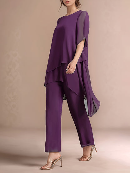 Women'S Chiffon Short Sleeve 2pcs Set Solid Color Irregular Elegant Party Fashion Suit