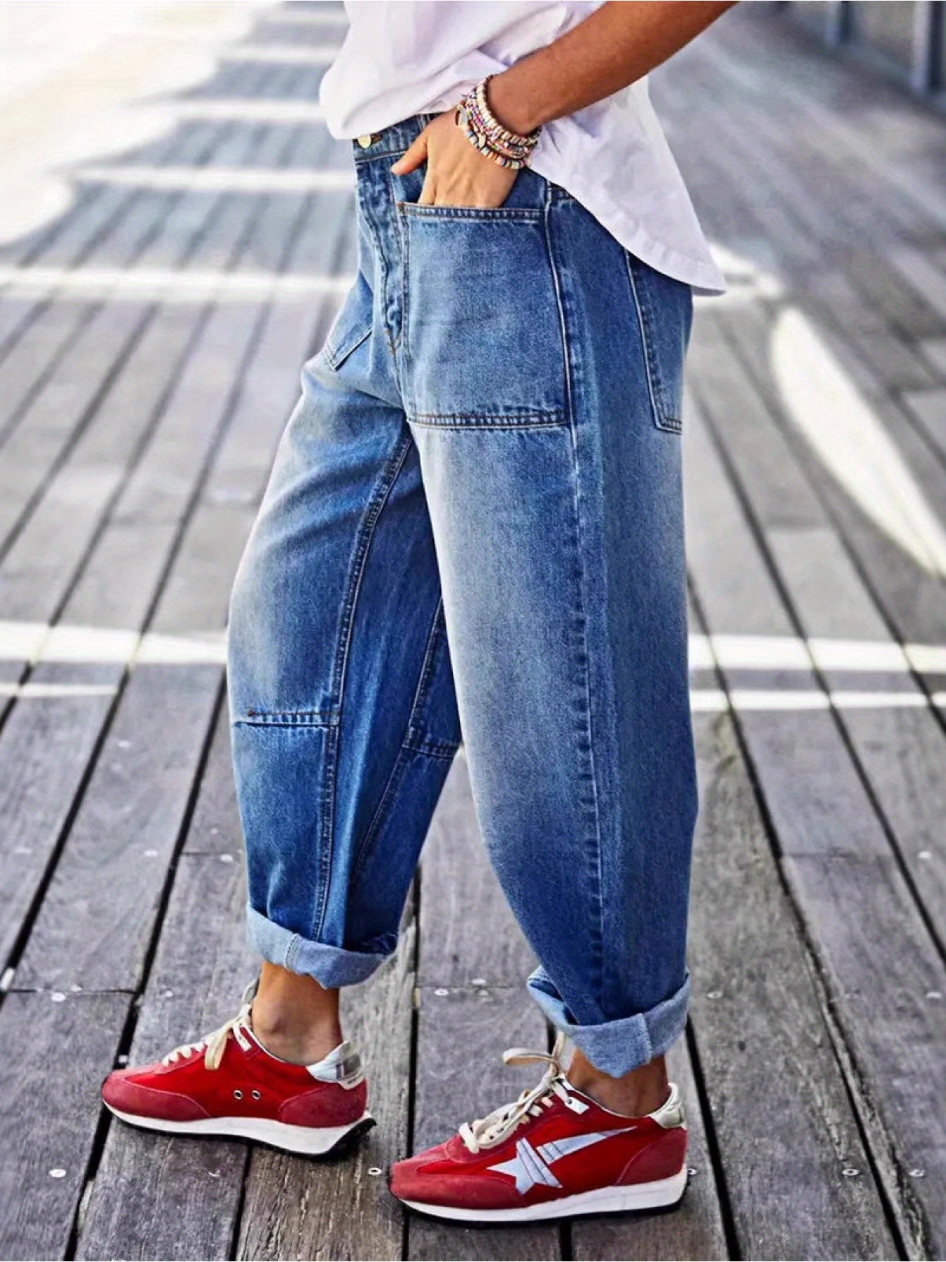 1pc Women'S High- Waisted Baggy Boyfriend Jeans, Vintage Wash Patchwork Pants, Loose Fit Tapered Trousers with Roll- Up Cuffs, Trendy Streetwear Ankle- Length Bottoms Casual Daily Outfits, Comfortable Relaxed Fit Jeans Spring