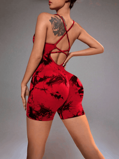 Stretchy Seamless Women's Tie-Dye Crisscross Backless Yoga Bodysuit, Athletic Sports Padded Romper Jumpsuit, Butt Lifting Fitness Shorts Workout Clothing for Gym Running Biking Outdoor Tennis, Womens Summer Clothing Fitness Wear Daily Wear Activewear, Bir