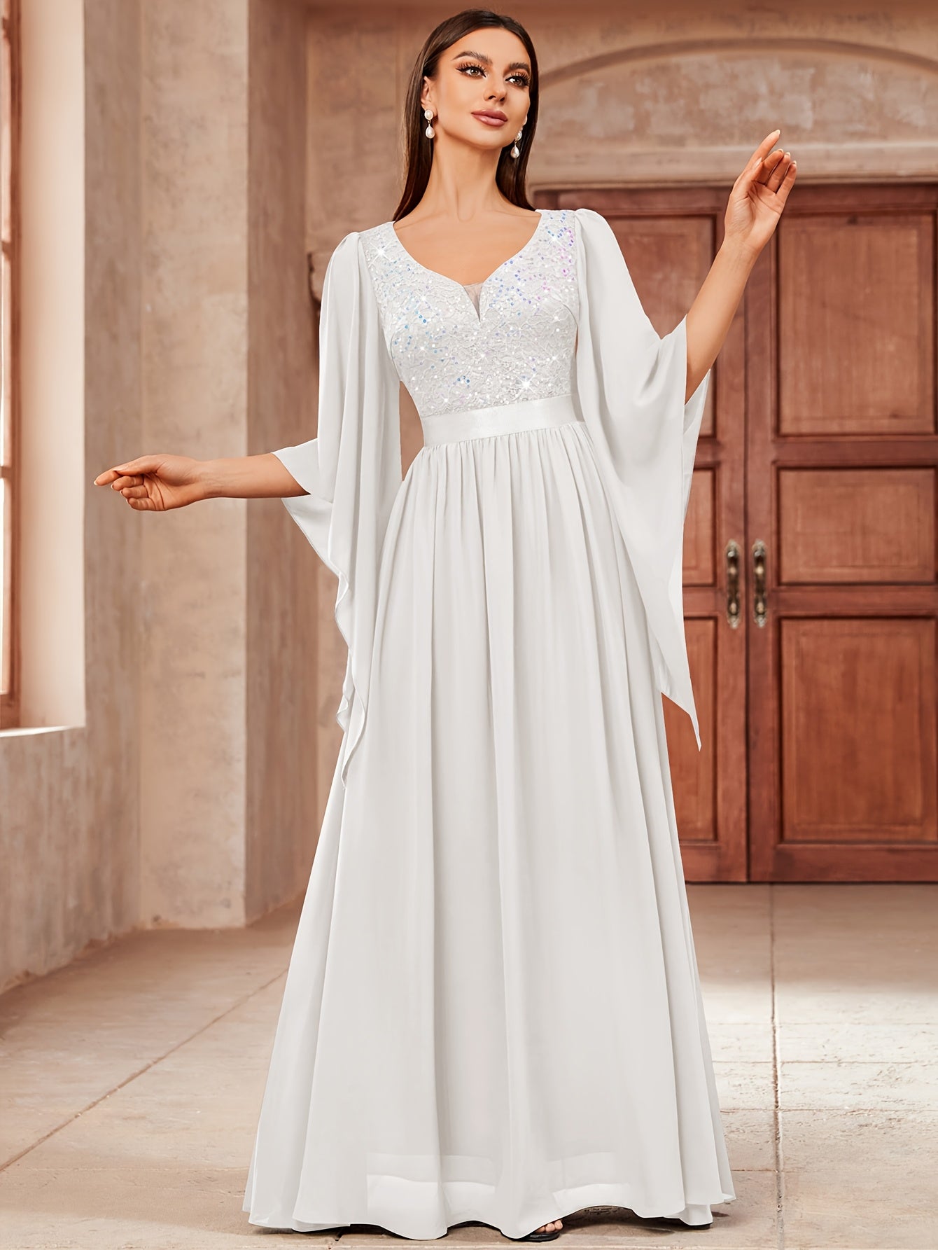53303 Elegant Women's Lace & Sequin Bridesmaid Dress - A-Line Maxi Wedding Gown with 3/4 Bell Sleeves, V-Neck Color-Block (Bodice &), Machine Washable Bridesmaids Gown for Weddings, Parties, Prom
