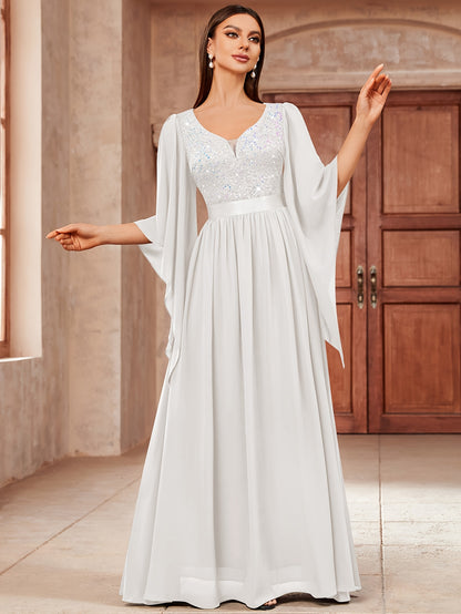 53303 Elegant Women's Lace & Sequin Bridesmaid Dress - A-Line Maxi Wedding Gown with 3/4 Bell Sleeves, V-Neck Color-Block (Bodice &), Machine Washable Bridesmaids Gown for Weddings, Parties, Prom