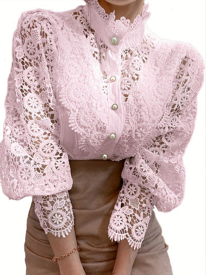 Women's Shirt Heavy Lace Hollow Flower Long Sleeve Lace Stand Collar Pearl French Button Top Shirt