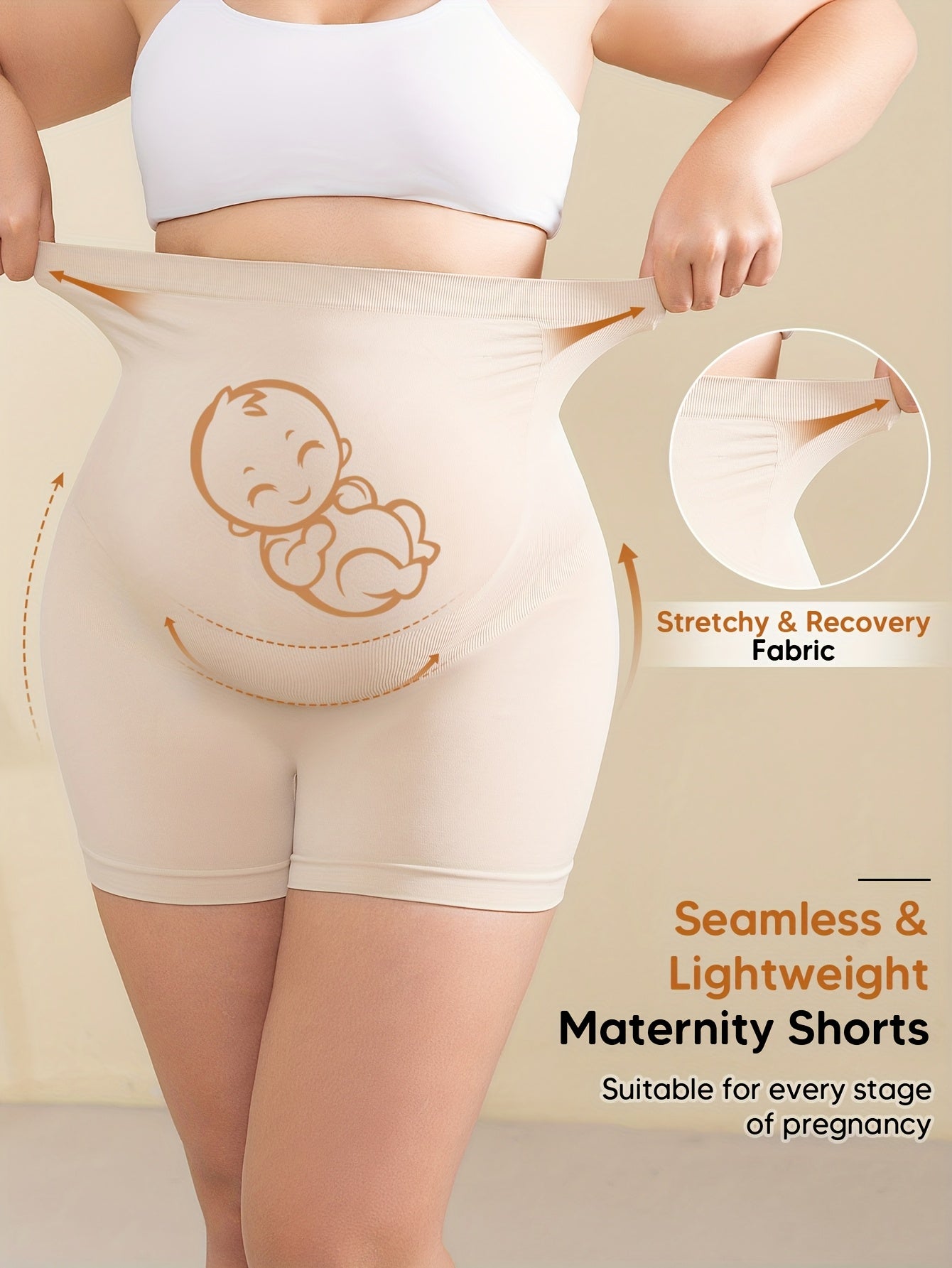 Women's High-Waist High-Stretch Belly Support Fabric with Abdominal Functionality, Ribbed Back Support Maternity Shorts, Comfortable and Breathable Suitable for the Full Pregnancy Cycle, Maternity Clothing|Breathable Fabric|Elastane Fabric