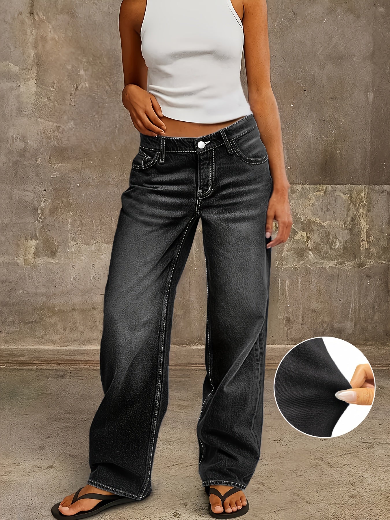 New Four Seasons Jeans|Classic Blue Washed Denim. Vintage Wide-leg Jeans Women's High-street Topstitch Back Pocket Casual Trousers Women's Clothing