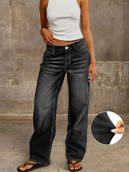 New Four Seasons Jeans|Classic Blue Washed Denim. Vintage Wide-leg Jeans Women's High-street Topstitch Back Pocket Casual Trousers Women's Clothing