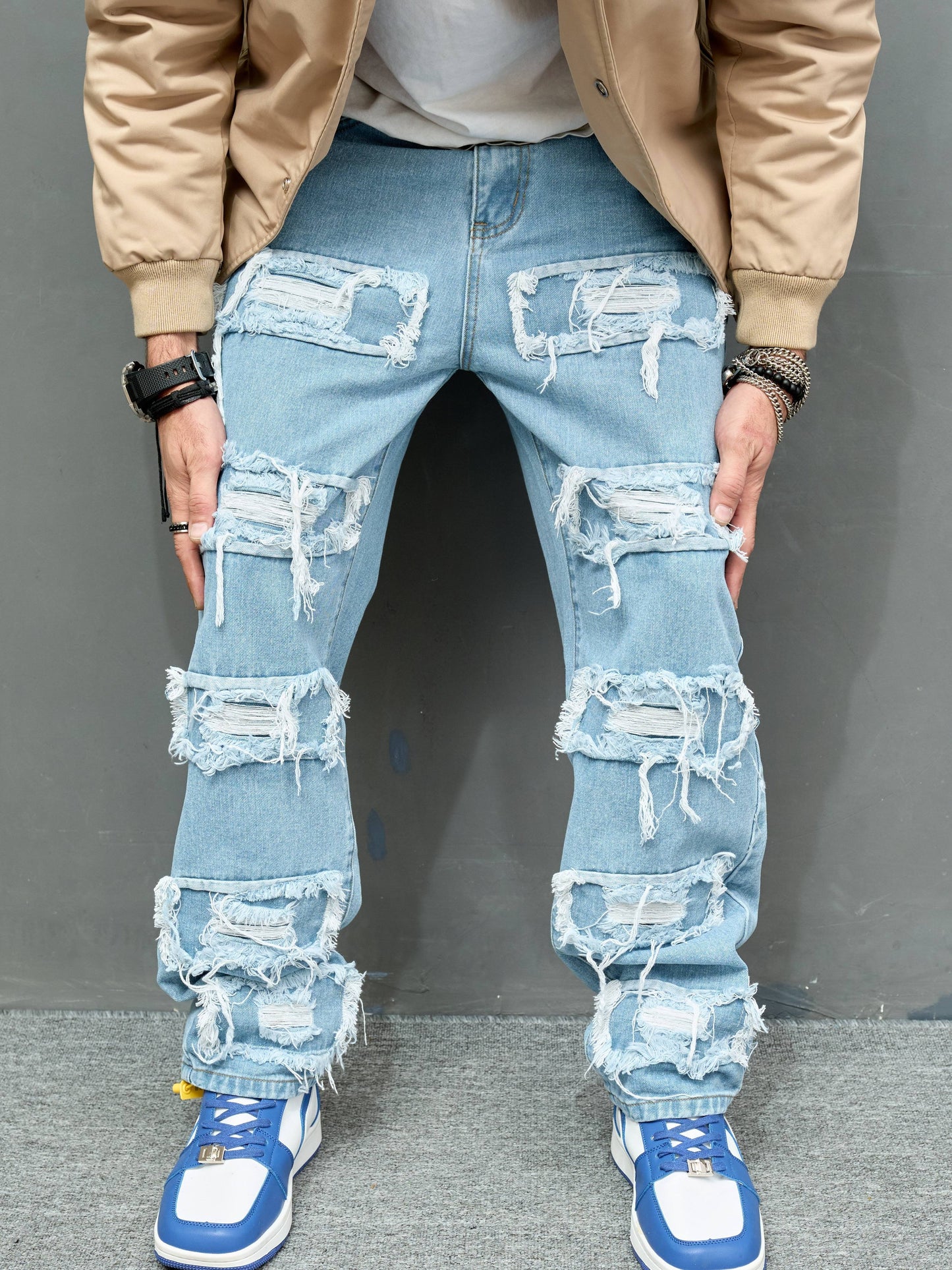 Cross Border New Men's Denim Wide Leg Pants with Smooth Whiskers And Pleats, Loose And Casual, Versatile, Solid Color Wide Leg Men's Long Pants Trend