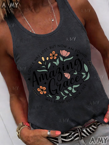 Casual Versatile Plus Size Round Neck Vest, Grace Print Round Neck Vest, Stylish Design Pattern, Holiday Dress Up Summer Women'S Essential Item, Women'S Fashion Summer T-Shirt