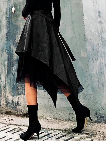 Spring And Autumn Casual Black Asymmetric Women's Elegant Skirt with Lace Hem, Fashionable Women's Skirt, Women's Clothing