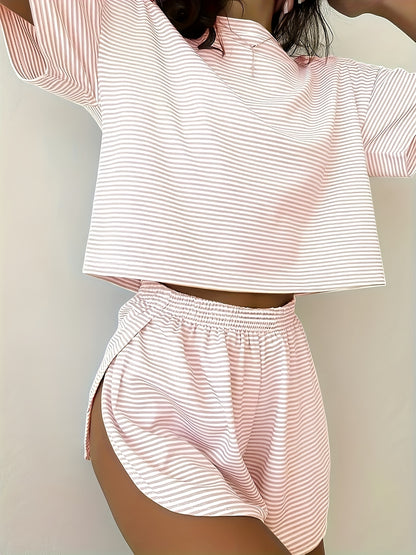 Women's Striped Print Crop Top & Curved HemShorts Loungewear Pajamas 2pcs Set, Casual Comfy Short Sleeve Cropped T-shirt &Drawstring Waist Shorts PjSet, Ladies Sleepwearfor Al Seasons, Pajama Sets Women, Womenswear