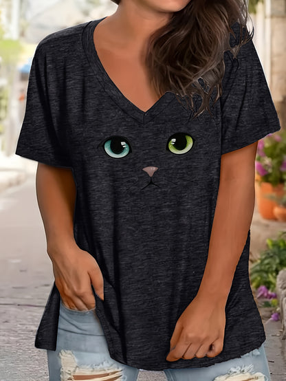 Plus Size - Plus Size - Plus Size Women'S Fashion Cute Cat Expression Print Loose Drop Shoulder Half Sleeve Shirt High Quality Women'S Top Casual V-Neck T-Shirt, Comfortable And Versatile Style for Spring, Summer, And Autumn, Retro Casual
