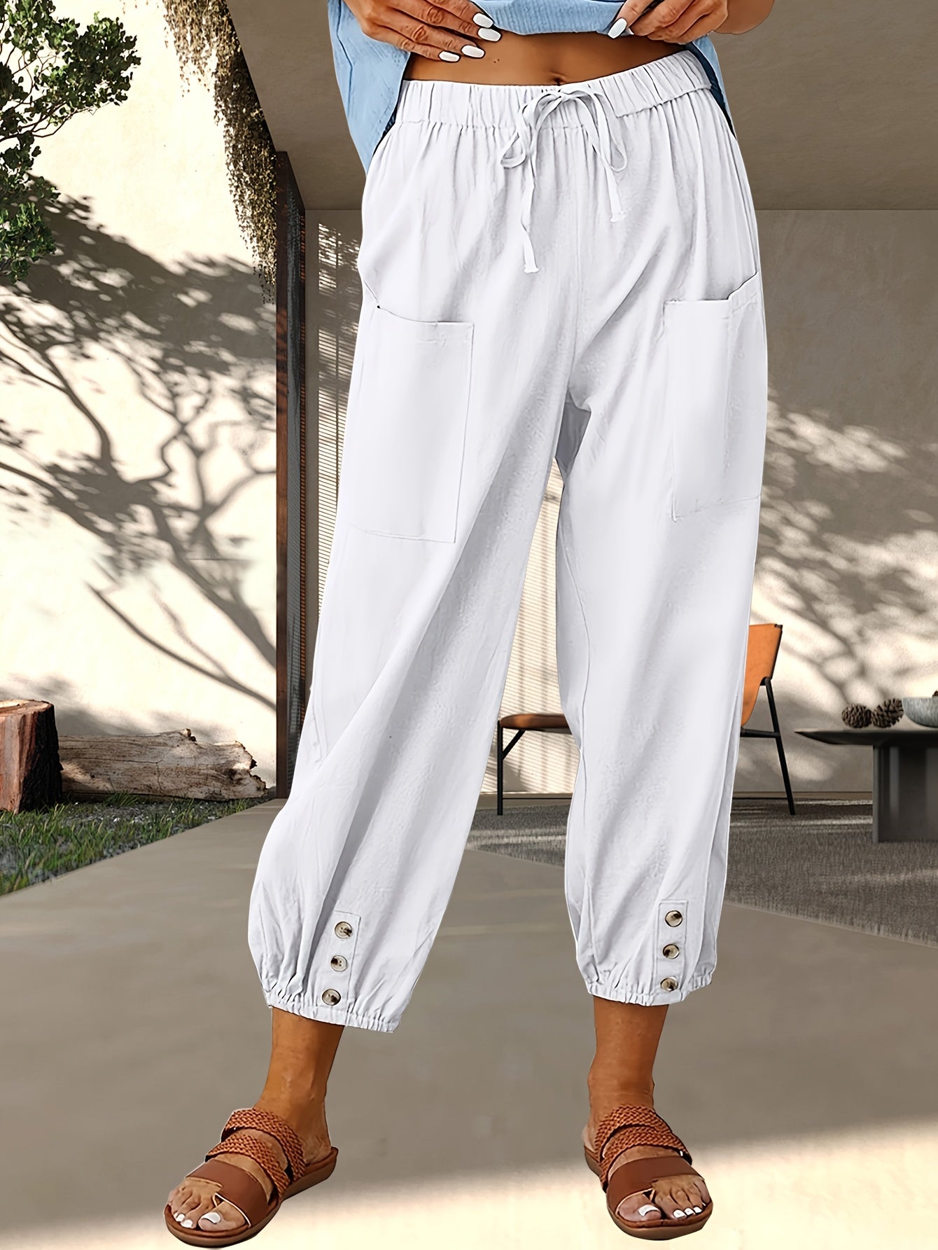 3-Pack Women'S Loose Casual Pants, Solid Color Linen Blend Wide-Leg Trousers With Pockets, For Daily Commute & Casual Wear