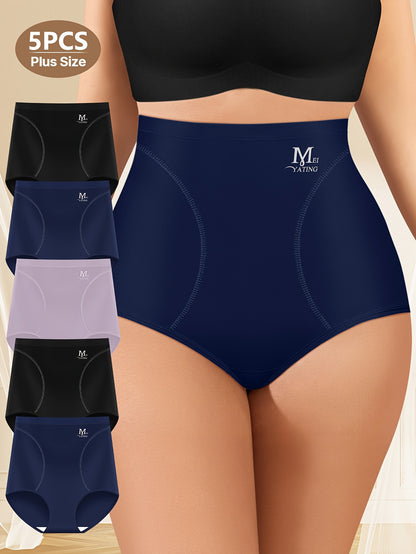 5Pack Plus Size Women's Briefs Extra High Waist Belly Tuck Ice No Marks Women's Panties Briefs Comfortable Fit Body Shaping Buttocks Lift Summer Thin