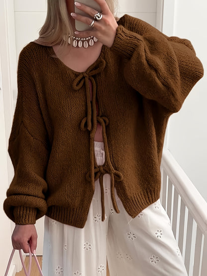 Women'S Oversized Bowtie Sweater Cardigan with Y2K Vibe Long Sleeves V Neck Open Front Casual Wear