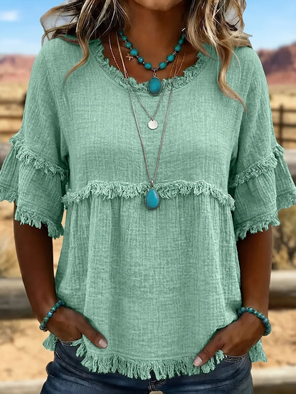 Women'S Round Neck Short Sleeve Casual Blouse with Fringed Trim