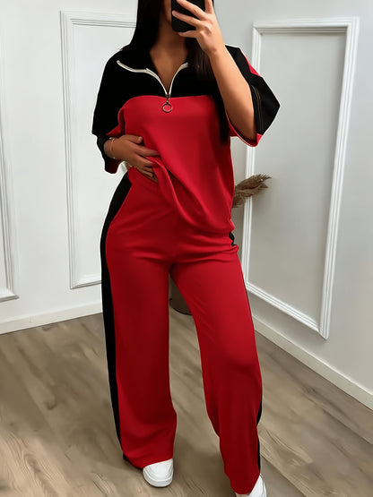 Women'S Casual Sporty Color-blocked Half-zip Stand-up Collar Mid-sleeve Sports Top + High-waisted Wide-leg Side Striped Sports Pants