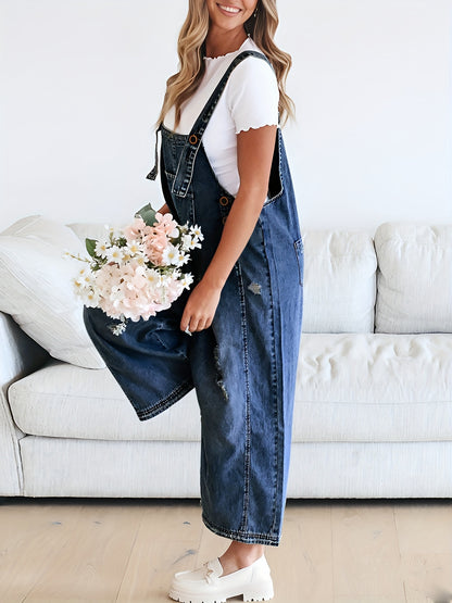 Casual Denim Overalls for Women Featuring a Loose Fit, Adjustable Straps, Distressed Design, And Pockets