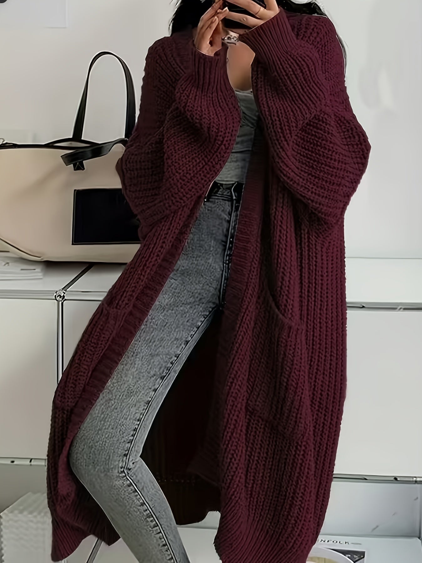 Plus Size, Solid Color Plus-Size Women's Long Pocket Cardigan Loose Over-the-Knee Sweater Coat Fashion Versatile Outerwear