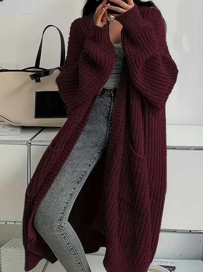 Plus Size, Solid Color Plus-Size Women's Long Pocket Cardigan Loose Over-the-Knee Sweater Coat Fashion Versatile Outerwear