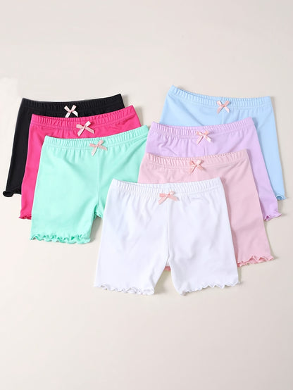7pcs Girls' Sweet & Cute Colorful Boxer Briefs - Soft Polyester & Elastane Blend, Comfortable Safety Shorts with Bow Detail, Non-Transparent, All-Season Wear, Casual Youngsters Shorts|Playful Bow Detail|Knitted Construction