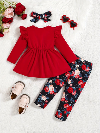 Popular Among Customers, This Delightful Floral Print Outfit for Girls Includes a Ruffled Long-Sleeve Top And Leggings with Bows. It'S Machine Washable And Ideal for Spring And Fall, Making It Great for Outdoor Activities.