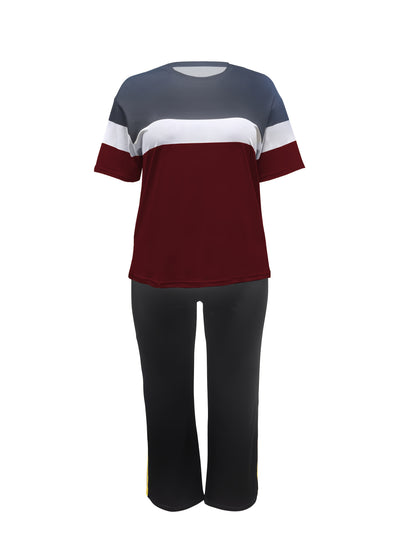 Women'S Plus Size Casual Color Block 2pcs Set - Elegant Crew Neck Short Sleeve Top & Straight Leg Pants, 95% Polyester 5% Elastane, Medium Stretch Knit Fabric, Machine Washable