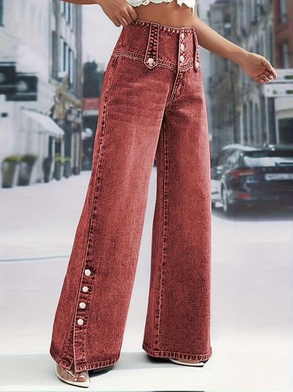 Women'S Light Blue Denim with a High Waist And Snowflake Pattern, Featuring a Buckle Design, Snap Boot Pant Legs, And a Straight, Loose Wide-Leg Cut. This Stylish Casual Outfit Is Perfect for Weekdays And Weekend Shopping, Machine Washable