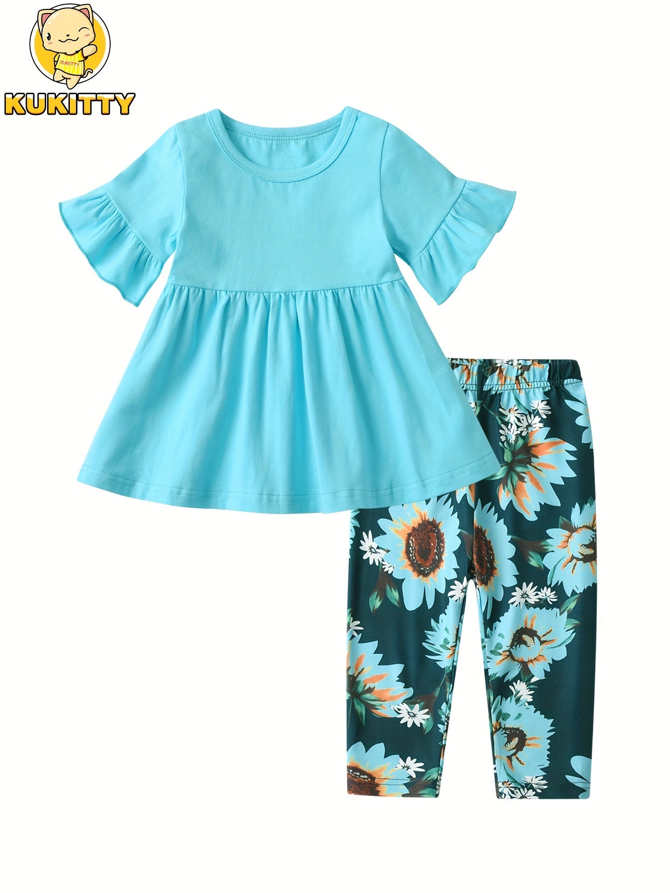 KuKitty Toddler Baby Girl Clothes Solid Color Flared Sleeve Ruffle Tops Sunflower Print Pants Outfits Set, Perfect for Outdoor
