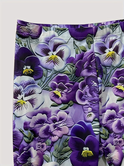 Floral Print Skinny Cropped Leggings, Casual Elastic Waist Stretchy Leggings, Women'S Clothing
