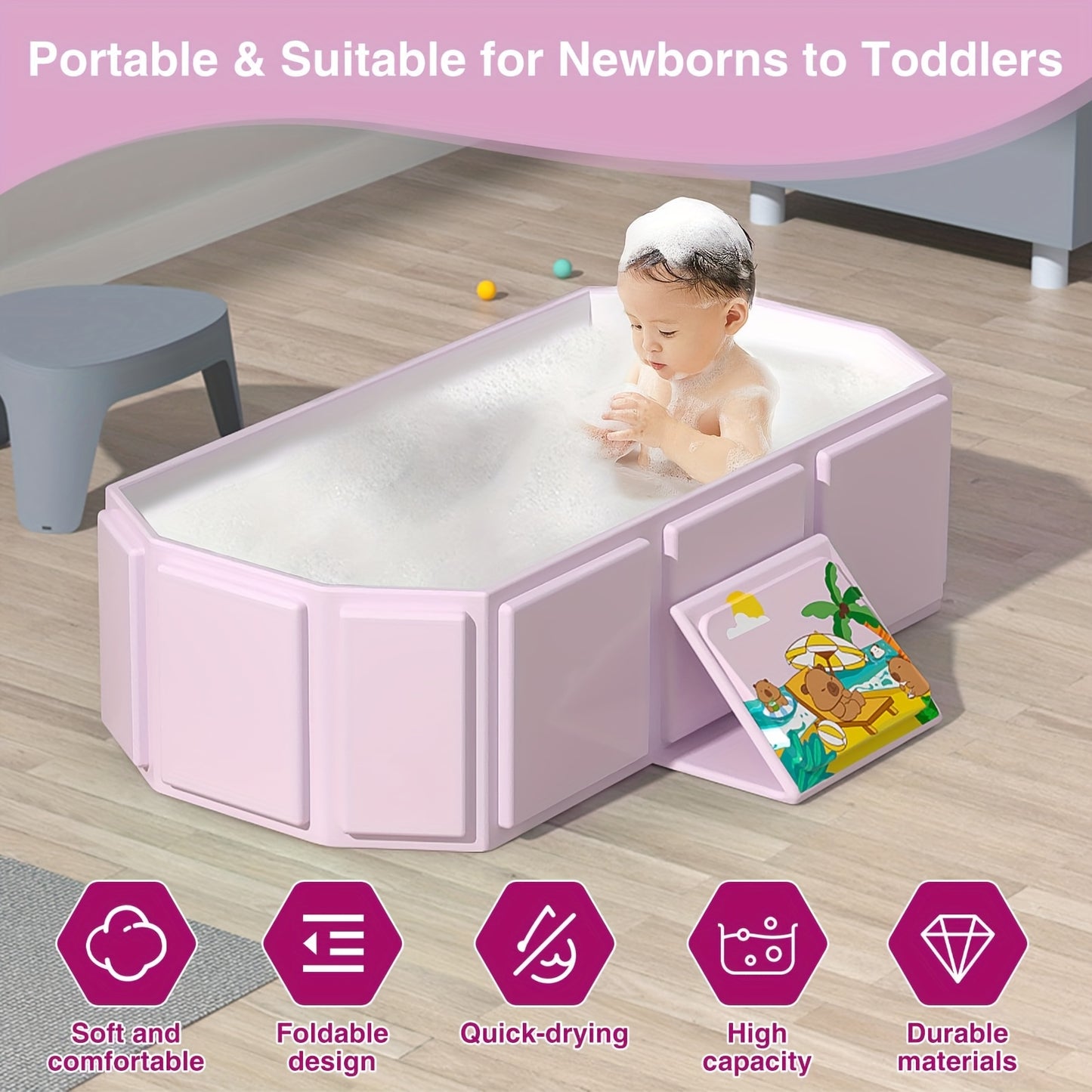 Portable Folding Baby Bath Tub, 7.79gal X 17.7W X 9.8H Inches, Suitable for 0-3 Years, Pink/Mint Green