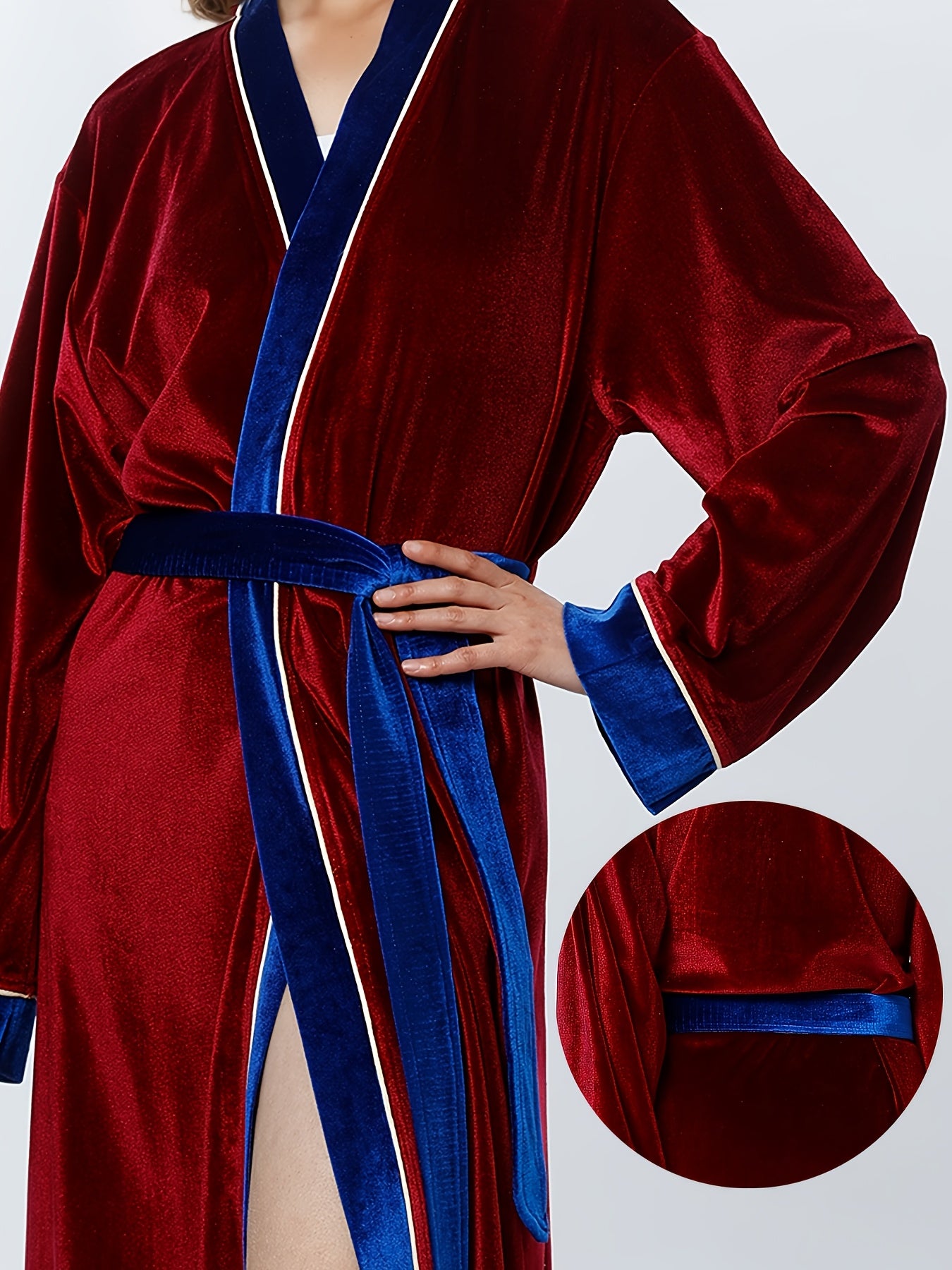 Men'S Robe - Comfortable Long Sleeve Velvet Bathrobe | Unisex Couple'S Robe with Belt, Color-Block Trim, V-Neck, Slight Stretch Fabric, Perfect for Everyday Home Relaxation