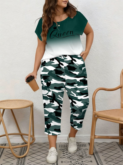 Plus Size, Spring/Summer Plus Size Women's 2pcs Set, Gradient Print And Queen Print, Round Neck Top with Capri Pants, Suitable for Home, Leis And Outings