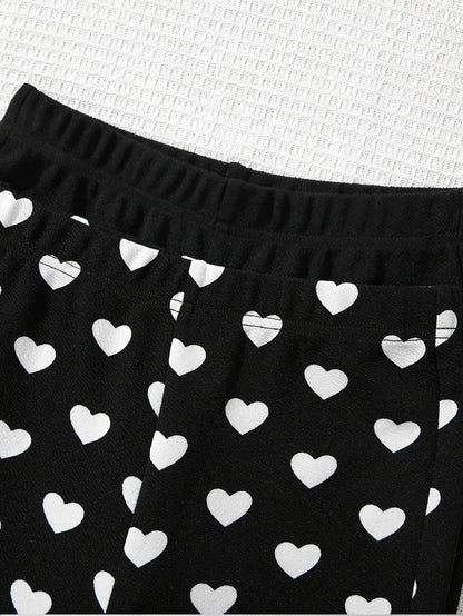 2pcs Girls' Heart Print & Solid Black Flare Leg Pants - Stretchable Bell-Bottom Trousers with Heart Patterns, Machine Washable Suitable for Outdoor Play, Dance, Gym, Casual Wear, All-Season for Aged 3+, Perfect for Outdoor