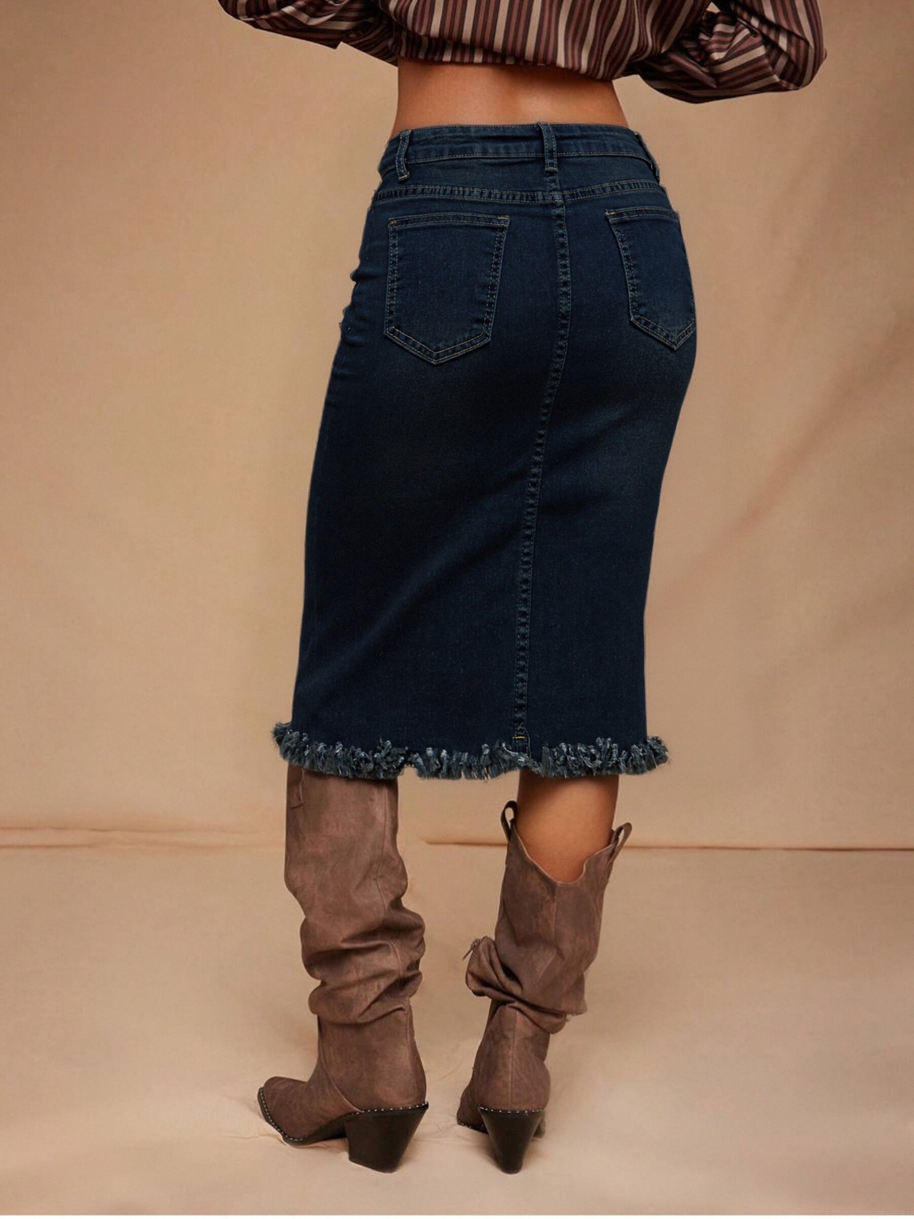Women's Navy Color Denim Printed Skirt - product view 7