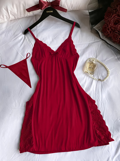 [Lace Nightdress 3pcs] 3pcs Of Women's Solid Lace Nightdress, Lace Panels, Skirt Side Slits, Sexy Lace Home Nightdress