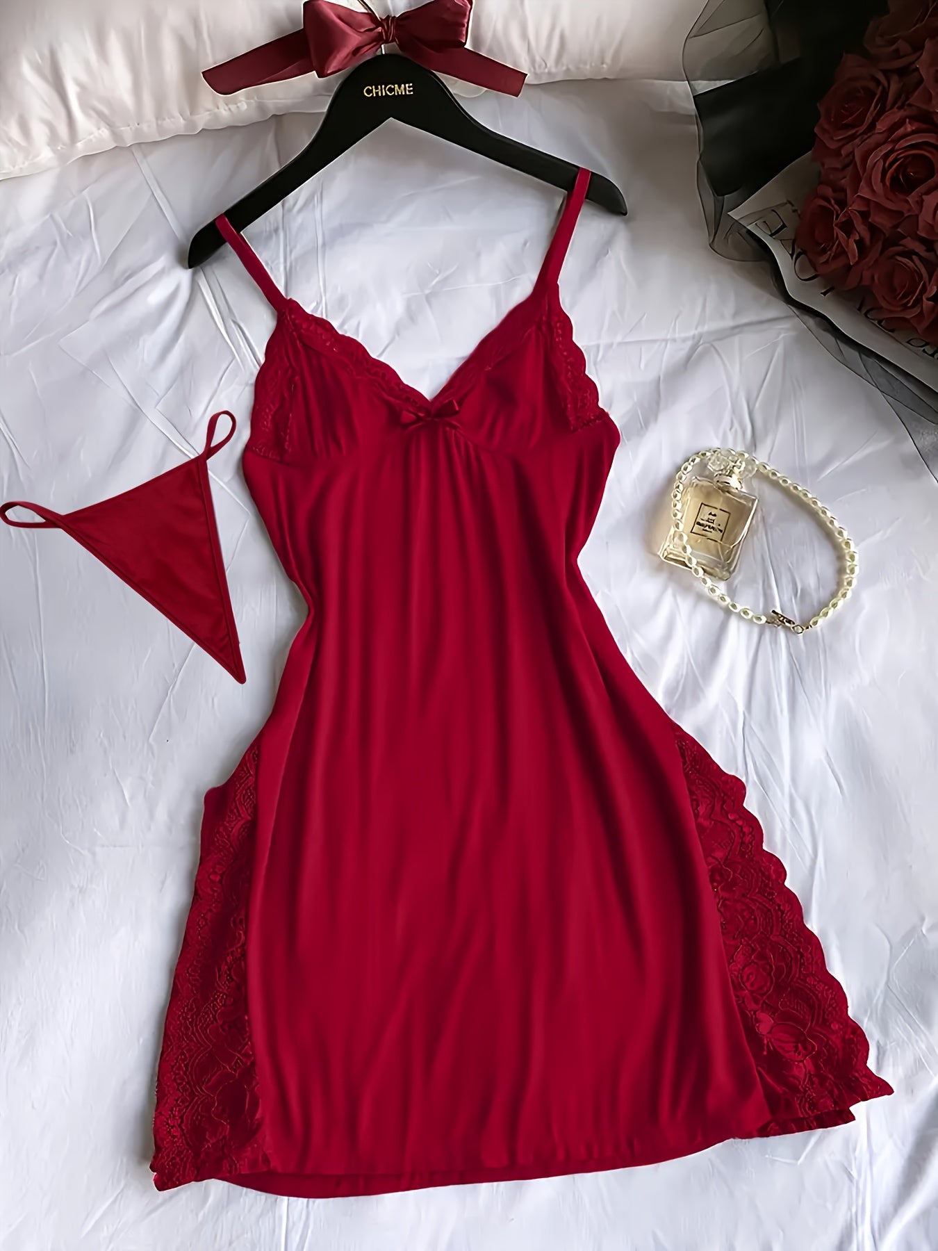 3 Women's Solid Color Lace Nightgowns, Side Split Design, Sexy Home Lace Nightgown