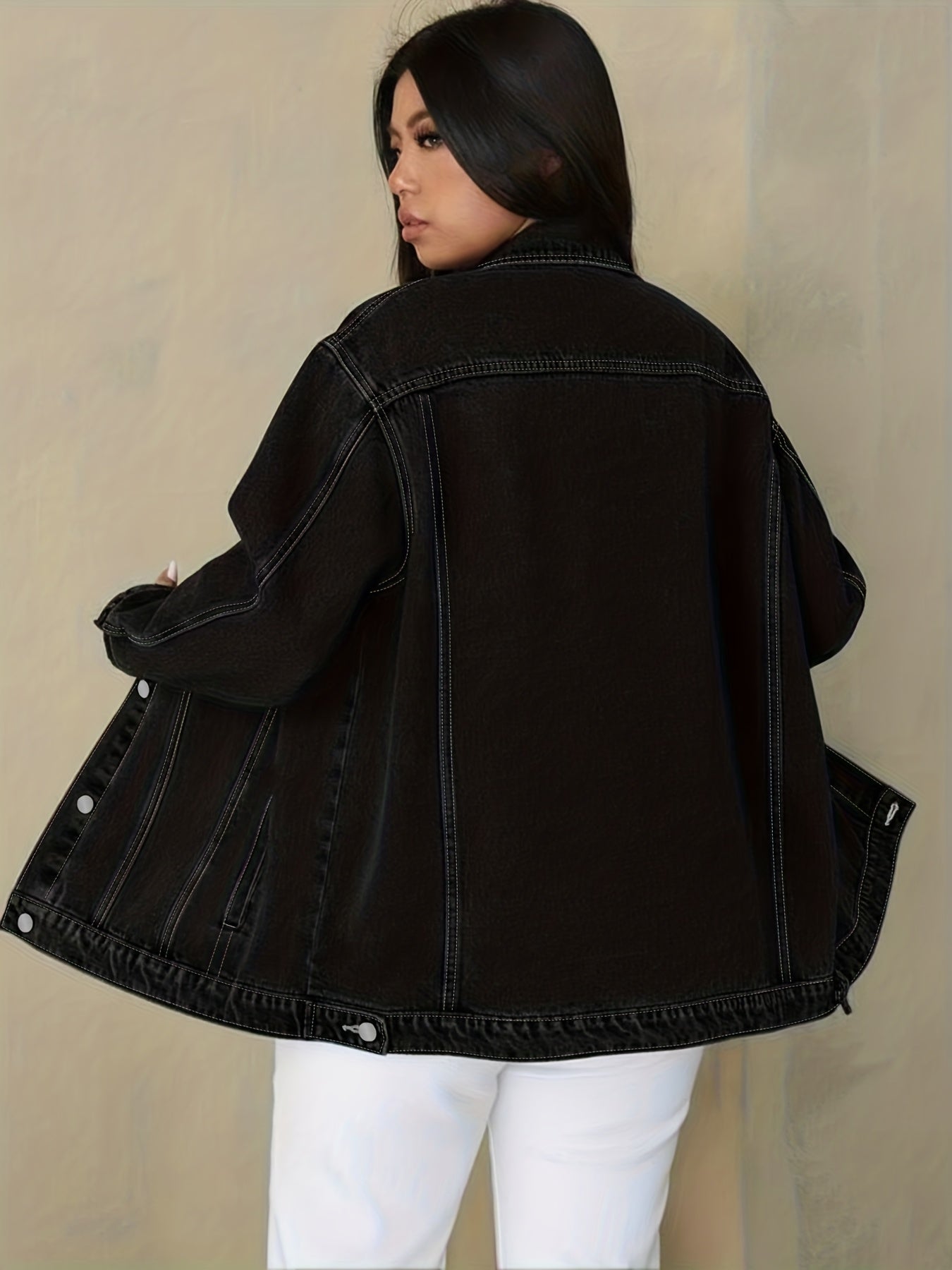Plus Size Solid Color Collared Button-Front Denim Jacket - Women's Mature Stylish Street Casual Style Loose Fit Daily Comfortable Autumn Winter Plus Size Denim Top