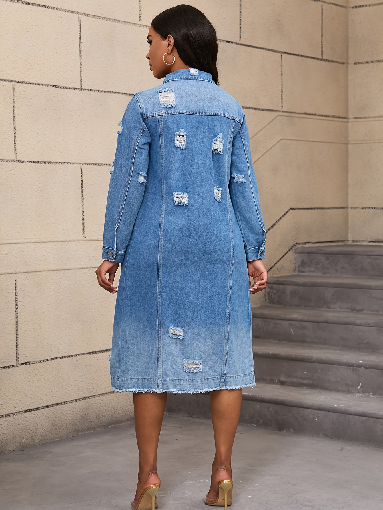 Long Ripped Denim Jacket with Real Pockets, Casual Windbreaker